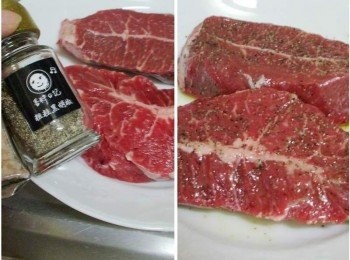 step1: 牛排雙面以[牛肉調味]均勻灑上ˊ並加入橄欖油略為按摩入味