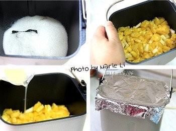 step2: 麵包機容器先安裝《麵包葉片》

將《細砂糖》放進麵包機容器中
接著放進切成小丁的《鳳梨和蘋果》
倒入《檸檬汁》，
為容器覆蓋一層錫箔紙
以防機器在運作的時候噴濺出來