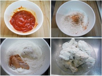 step3: 3.將<span class="group_4">調味</span>事先拌勻ˊ<span class="group_3">裹粉</span>也攪拌均勻ˊ
然後將醃漬入味的雞翅腿均勻裹上<span class="group_3">裹粉</span>ˊ
靜置2~3分鐘ˊ(這樣下鍋油炸粉較不易散落)