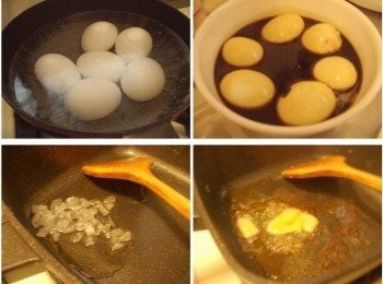 step2: 2.然後先準備水煮蛋ˊ水中放少許鹽ˊ將蛋放入冷水裡中火煮沸ˊ 煮時不停以筷子翻滾蛋ˊ這樣蛋黃會置中ˊ較為漂亮ˊ 約6分鐘時間ˊ然後撈起泡冷水ˊ冷卻後即可撥殼 3.先將撥好蛋殼的雞蛋浸泡於<span class="group_2"><span class="group_2">調味</span>