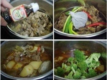 step4: 步驟4然後加入所有剩下<span class="group_2">調味</span>蔥段和滷肉包ˊ 用肉類燉煮功能完成燉煮即可ˊ 當快鍋洩壓完成ˊ再開蓋擺入綠花椰菜ˊ 用餘溫悶熟就完成囉。