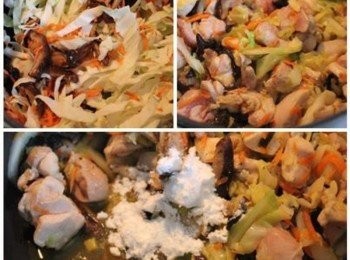 step2: 先將蔬菜類下鍋炒軟, 再下雞丁翻炒熟, 用醬油/鹽巴/白胡椒粉調味. 起鍋前加入太白粉攪拌均勻, 即完成餡料. 放涼後備用