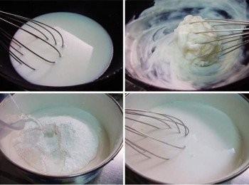 step2: 將在來米粉100g和水250cc拌勻後ˊ中小火加熱至濃稠狀 (如照片右上角)過程需不停攪拌防止沾鍋ˊ完成離火 另外樹薯粉300g和水300cc調勻即可