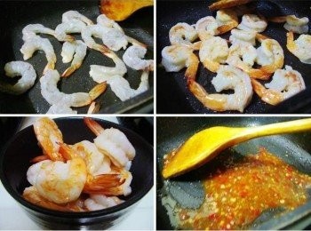 step6: 鍋內放少許油ˊ將蝦一隻隻平放ˊ煎至約8分熟ˊ 盛起備用ˊ原鍋下甜辣醬拌炒出香氣後