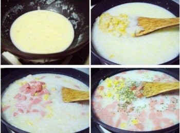 step3: 6.然後分次加入牛奶和炒香的麵粉拌勻 7.接著添入酌量的水和玉米粒及剩下的洋蔥一起煮滾 8.將玉米粒和洋蔥的甜味煮到完全釋放出來後ˊ 再加入熱狗丁ˊ然後熱狗熟透ˊ熄火前再<span class="group_2">調味</span>ˊ 並灑上少許乾燥巴西利和黑胡椒即可。