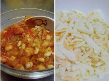 step7: 完成的<span class="group_2">披薩餡料</span>盛起ˊ另外準備好雙色起士