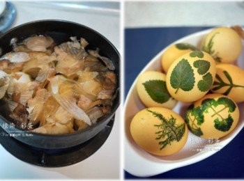 step4: 1.冷水將綁好的蛋放入鍋裡，小火煮8到10分鐘即可上色 2.上色後即可取出，晾乾