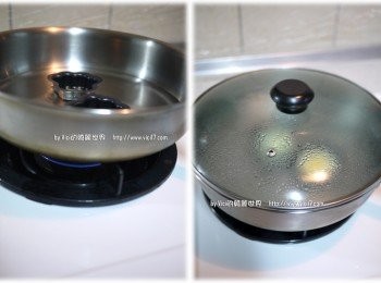 step6: 蒸的過程可隨家裡鍋具自行調整火力，基本上火不要太大才不會焦掉
每倒一層後，可蓋上蓋子加速蒸蛋表面凝固