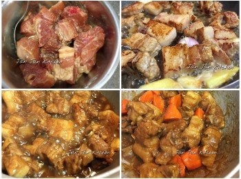 step1: 甘荀去皮切件。腩排洗淨下調味料醃數小時。下油爆香料頭，下腩排煎至周圍金黃，下可樂及水剛好蓋過腩排，中火煮滾，收小火炆20分鐘後，下甘荀同炆多10分鐘，下粟粉水收汁即可。炆煮期間可反一下材料使之顏色均勻。若中途發覺唔夠水，可以再酌量加點可樂。