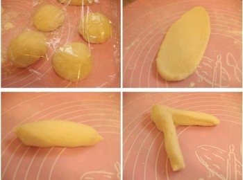 step3: 6.滾圓醒15~20分鐘 7.將鬆弛好的麵團桿平ˊ整成橢圓形或長條狀 8.由另一頭劃開ˊ整型成愛心造型