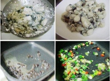 step2: 蚵仔表面均勻灑上少許玉米粉或太白粉ˊ煮滾適當的水先川燙一下約30秒備用 (這是為了怕煮的過程蚵出水ˊ也怕不擅掌握火候而煮老了ˊ但省略也是可以的) 熱鍋後放入油1大匙ˊ先炒香浸泡過米酒的豆鼓ˊ 接著將蔥末ˊ薑末ˊ辣椒末ˊ一起快速爆香。