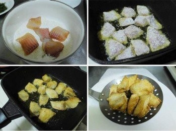 step4: 將完成醃漬步驟3魚肉取出ˊ均勻裹上蕃薯粉ˊ 靜置2~3分鐘讓裹粉確實附著住ˊ鍋內放入比平時略多的油ˊ 用半煎炸方式將魚肉處理至表面金黃也熟透ˊ 然後盛起瀝除多餘油脂