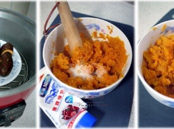 step1: 內餡 1.地瓜洗淨、蒸熟 2.蒸熟後的地瓜壓成泥，隨喜好加入適量煉奶 3.拌勻即可
