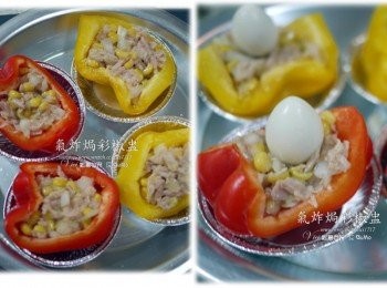 step2: 1. 彩切切成1/4塊後，接著放上內餡 2. 接著放入一顆鳥蛋