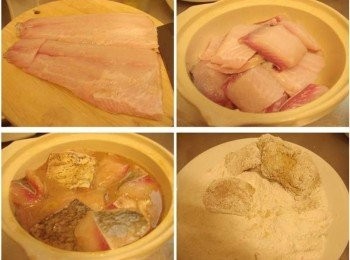 step2: 3.將醃漬入味的魚肉裹上少許蕃薯粉ˊ靜置2~3分鐘