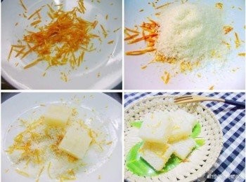 step6: 用刨絲刀刨取一顆量蜜柑果皮絲ˊ和椰絲混合ˊ 將步驟5切成適當大小的蜜柑糕均勻沾裹即可