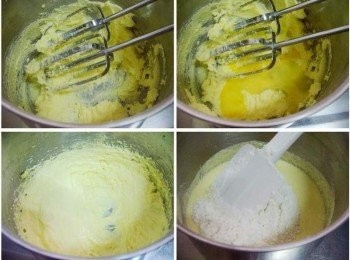 step2: 將室溫軟化的無鹽奶油ˊ鹽ˊ糖ˊ一起先打蓬鬆ˊ 然後將調勻的蛋液分次加入ˊ每次都要和奶油相溶合ˊ 再加入蛋液ˊ然後交替加入溫鮮奶和過篩的低粉ˊ泡打粉ˊ 略為拌勻至看不到粉末即可