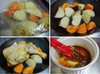 step3: 擺入馬鈴薯紅蘿蔔均勻搖晃ˊ讓調味平均附著ˊ 然後準備適合烤盤ˊ倒入馬鈴薯和紅蘿蔔墊底ˊ 再擺上醃漬入味大雞腿ˊ然後送入已經預熱好烤箱ˊ以200度c烤30分鐘ˊ (剩下醬汁留著ˊ再加入少許百里香葉)烘烤30分鐘後再刷上一層ˊ續烤3~5分鐘