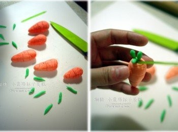 step10: 1.取橘色<span class="group_1">翻糖</span>，先捏出長圓型後，用刀畫出胡蘿蔔的紋路來 2.用綠色<span class="group_1">翻糖</span>撮小長條，用牙籤刺入胡蘿蔔頂即可黏在一起