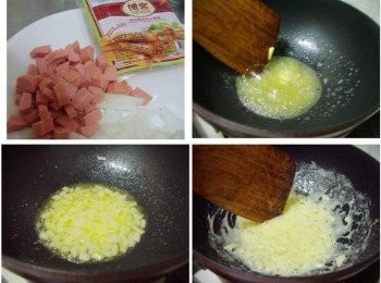 step2: 2.熱狗和洋蔥切成所需大小 3.準備一適合鍋子放入奶油ˊ讓其慢慢溶化 4.取1小部分洋蔥和奶油一起炒香 5.然後加入麵粉一起炒香(記得將火調到最小哦)