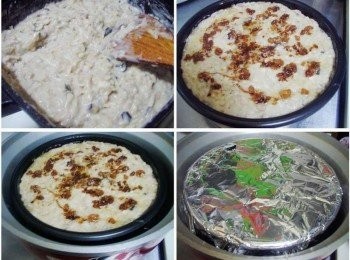 step4: 記得要邊煮邊拌ˊ開始有黏稠感即可熄火ˊ 然後用餘溫確實拌勻即可。 取適合容器ˊ容器內用餐巾紙均勻抹上油ˊ (也可直接鋪上玻璃紙或烘焙紙)以防完成後沾粘ˊ 然後將完成的麵糊材料倒放於容器內抹平ˊ 再灑上酌量的香蔥肉燥ˊ 電鍋外鍋放米杯水5杯ˊ擺上蒸架和預蒸的容器ˊ 蒸煮的芋頭粿容器上覆蓋上錫箔紙ˊ 開始蒸煮ˊ約50~60分鐘ˊ(今天做的是10吋圓模1個) 完成再略悶約10分鐘即可取出。