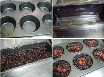 step3: 準備適合模具或碗ˊ(我用了長條蛋糕模和瑪芬模) 可抹上少許橄欖油或用耐熱玻璃紙鋪底ˊ 然後將完成的桂圓紫米填入ˊ並壓緊ˊ 將預留的枸杞子順便裝飾上ˊ 放涼取出ˊ切成適當大小即可。