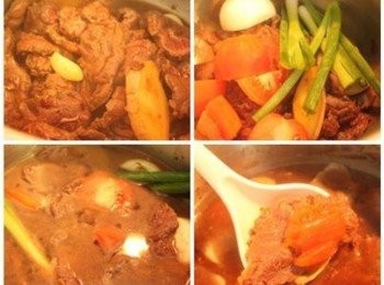 step1: 牛腱切0.8公分厚, 與蒜頭/薑片爆香