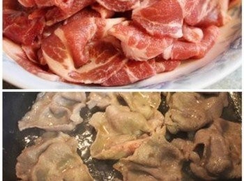 step1: 豬肉片用1小匙的醬油醃一下, 並下鍋煎到表面熟後盛起備用