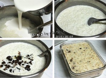 step4: 調好的粉漿倒進悶煮至熟軟的蘿蔔絲裡拌勻
再倒入調味炒香的油蔥酥香菇一起拌勻
最後分裝到容器中準備蒸煮

※ 這一次我使用樂扣的玻璃盒當容器，量少來說很方便。