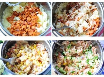 step4: 加入馬鈴薯泥中攪拌，再陸續加入育米粒、小黃瓜丁以及少許的沙拉攪拌均勻，加入沙拉可增加薯泥的滑嫩感