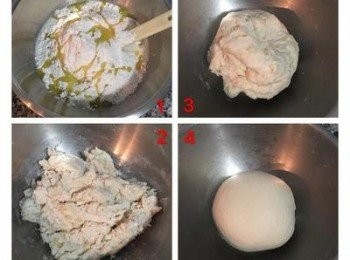 step1: 1.將牛奶、即溶酵母、糖、鹽放於盆內略微拌勻後放入麵粉和橄欖油， 2.利用攪拌工具將所有材料混勻到看不到液體。 3.用手和麵成糰 4.倒出麵糰，在工作檯上壓揉到表面光滑後(約3分鐘左右),滾圓，收口朝下，放回盆內，蓋保鮮膜，發酵30-45分鐘。