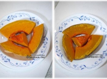 step1: 1 南瓜切片，放入微波爐 高溫3分鐘至軟