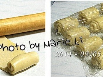 step4: 將靜置好的麵糰捲依著直向擀開成較窄的長條狀
從一端開始捲起來，收口朝下再靜置 15分鐘 。