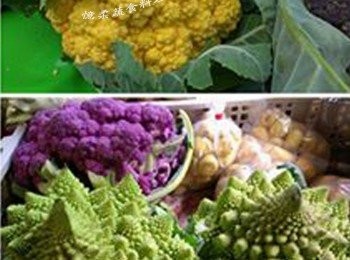 step1: 照片中有黃色、紫色花椰菜，淺綠色的就是佛塔。