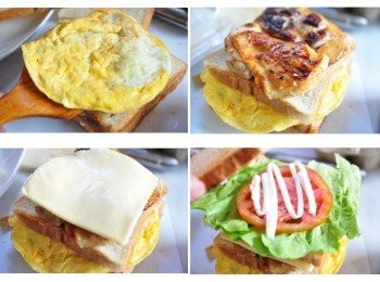 step3: 接著將三明治略烤微焦，一層層鋪上洋蔥、雞蛋、燒醬雞腿肉、生菜、蕃茄、沙拉等等