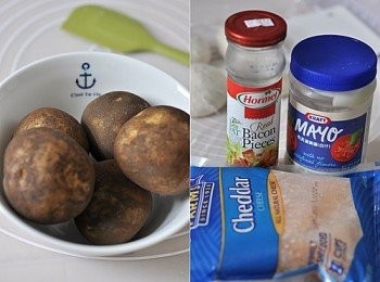 step1: 男爵薯煲15-20分鐘，去皮，壓蓉，加入、煙肉粒、洋蔥及芝士即成。