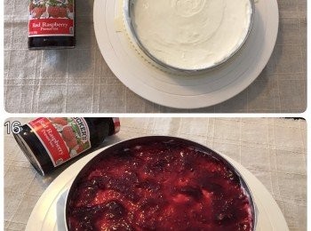 step7: 用膠刮整平，放入雪櫃雪3-4小時，再塗上紅莓味果醬於面上，甩模，最後放上紅莓便可享用