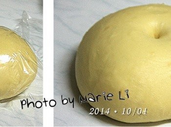 step3: 取出麵糰揉圓，蓋上保鮮膜讓它靜置發酵一個小時
中間按下後不會彈起，而是成為一個凹陷即是發酵完成。