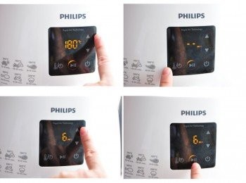 step3: 先按下右下方圓形啟動電源，選擇溫度180度，再輕按功能鍵時間選擇6分鐘，進行氣炸烹調