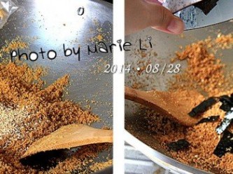 step5: 待翻炒至豆鬆水份收得差不多時
加進碾碎的白芝麻和海苔
再繼續翻炒二分鐘左右
覺得已經成為乾燥的豆鬆即可熄火。