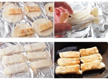 step2: 將餃子皮鋪在桌面，將切好長條型的蘿蔔糕放在中間，將餃皮上下往中間摺起，並沾水黏住餃皮，再翻面往下放，下油鍋香煎時先由摺痕面香煎，這樣餃皮就不會輕易脫開