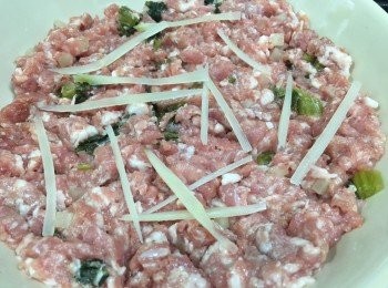 step4: 放入平蒸碟上平均鋪上, 於肉餅面加入蔥菜絲