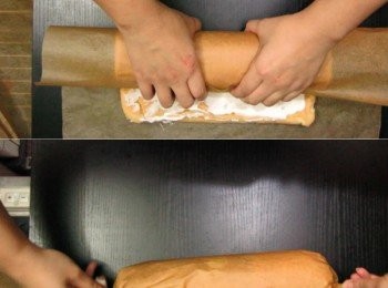 step16: 之後把蛋糕卷起，包好焗爐紙，放雪櫃一小時定型