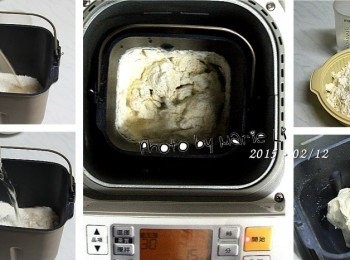 step1: 製作《中種麵糰》：

法國麵包粉：      200g
酵母粉：            2g
水：              130g


沒看錯喔，這次我用的是《法國麵包粉》
以往的軟法包、甚至是法國棍子麵包
我都是用高筋+低筋下去做
這是第一次使用純正的法國麵包粉
所以在製作過程中也多了一份對成品的期待‧‧‧

麵包機容器內放置《麵包用葉片》
麵粉、酵母、水，一起放進麵包機容器中
設定機器為 Mode30 《烏龍麵麵糰模式》
讓機器運轉約 6~7分鐘左右
材料都揉成糰即可按下《取消鍵》停止。

將麵糰