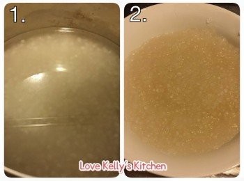 step2: 用中火煮西米至外面透明中間有一點白色，即收火，用凍水將西米過冷河；