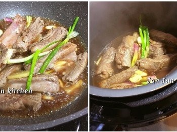 step1: 牛肋條解凍汆水，盛起沖淨備用。熱鑊下油爆香料頭及柱侯醬，下牛肋條炒勻，灒酒，下蘿蔔及餘下的調味料再炒勻，下水煮滾，將材料傾入［高速鍋］炆40分鐘。