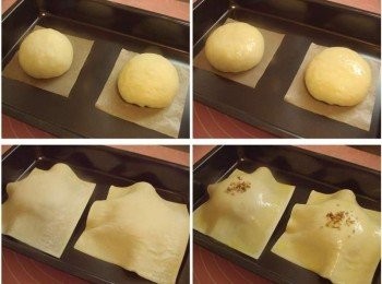 step3: 9.放於鋪了防沾粘的烘焙紙上ˊ用手稍為壓扁 10.輕刷上薄薄一層蛋液 11.覆蓋上已經回軟的起酥皮 12.在起酥皮上再刷上一層蛋液ˊ並灑上少許香鬆芝麻