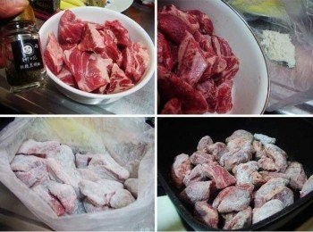 step2: 牛腩洗淨擦乾水份ˊ灑上酌量海鹽和黑胡椒ˊ 然後運用塑膠袋裝上酌量麵粉ˊ方便牛肉均勻沾裹上ˊ (全部擺入袋中ˊ搖一搖即可)