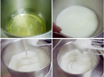 step4: 蛋白先加入檸檬汁用打蛋器打至粗泡狀態, 然後分次加入細砂糖(分2次加入) 打成尾端挺立的<span class="group_3">蛋白霜</span>(乾性發泡) (如何判斷<span class="group_3">蛋白霜</span>ˊ可參考照片ˊ左下為濕性發泡ˊ右下為乾性發泡)