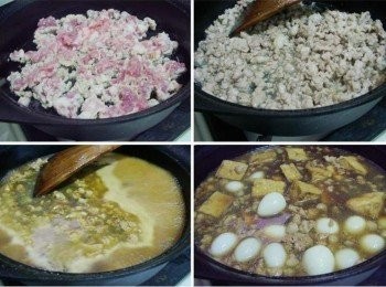 step4: 用原鍋蔥油直接炒豬絞肉ˊ豬絞肉反白也傳出香氣後ˊ嗆入米酒ˊ 加入冰糖ˊ醬油拌炒均勻ˊ並加入剩餘<span class="group_2">調味</span>然後擺入油豆腐ˊ鳥蛋ˊ煮滾